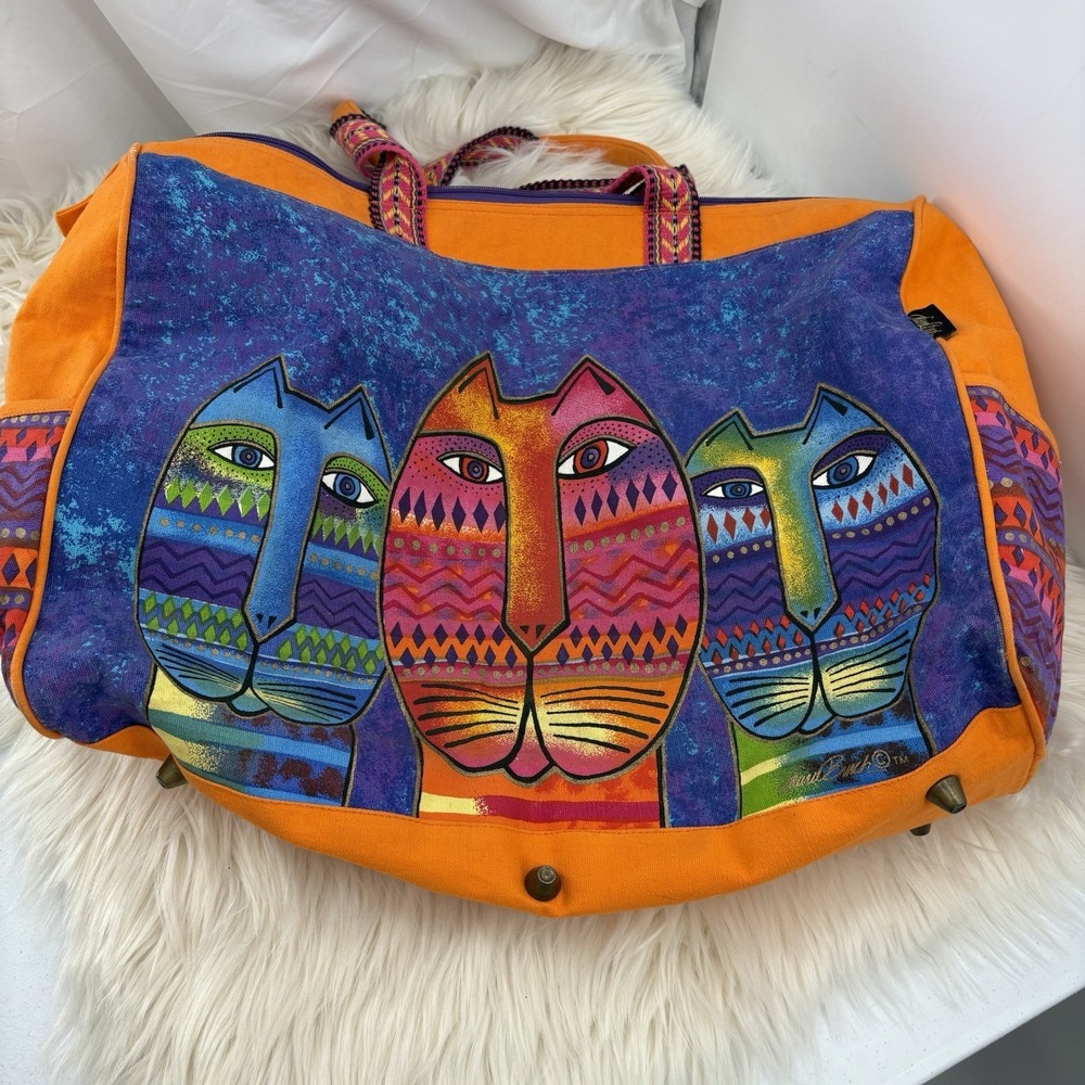 Laurel Burch Purple & Orange Three Amigos Cat XL Tote Overnight Bag Canvas